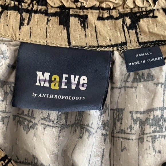 Maeve Anthropologie Striped Pattern Print Half Button Down Blouse Tan Black XS - Picture 7 of 12